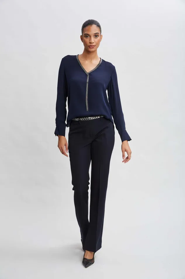 Women Tops and Sweaters Elie Tahari Silk Long Sleeve Chain Shirt Midnight
