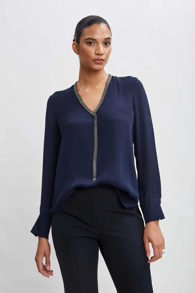 Women Tops and Sweaters Elie Tahari Silk Long Sleeve Chain Shirt Midnight