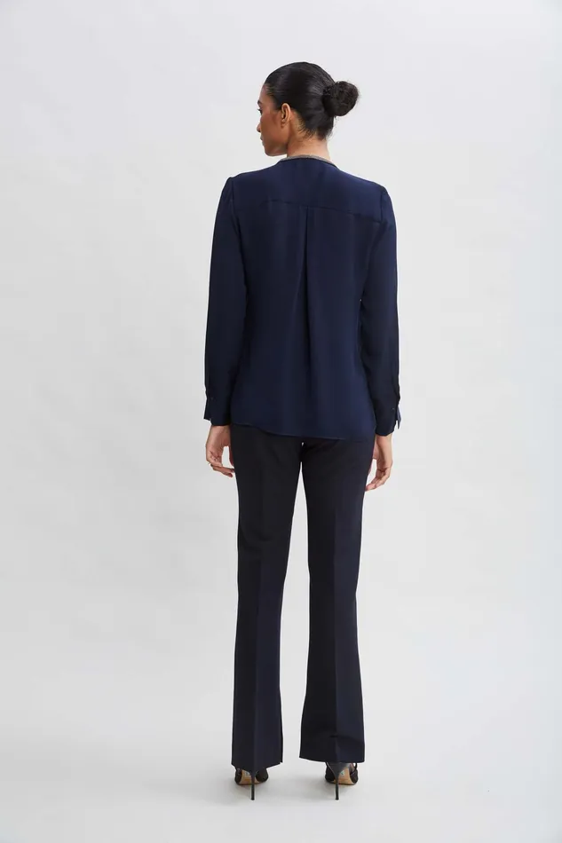 Women Tops and Sweaters Elie Tahari Silk Long Sleeve Chain Shirt Midnight