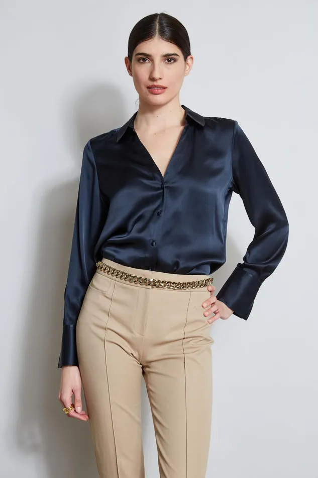 Women Tops and Sweaters Elie Tahari Silk Satin Button Down Shirt Stargazer