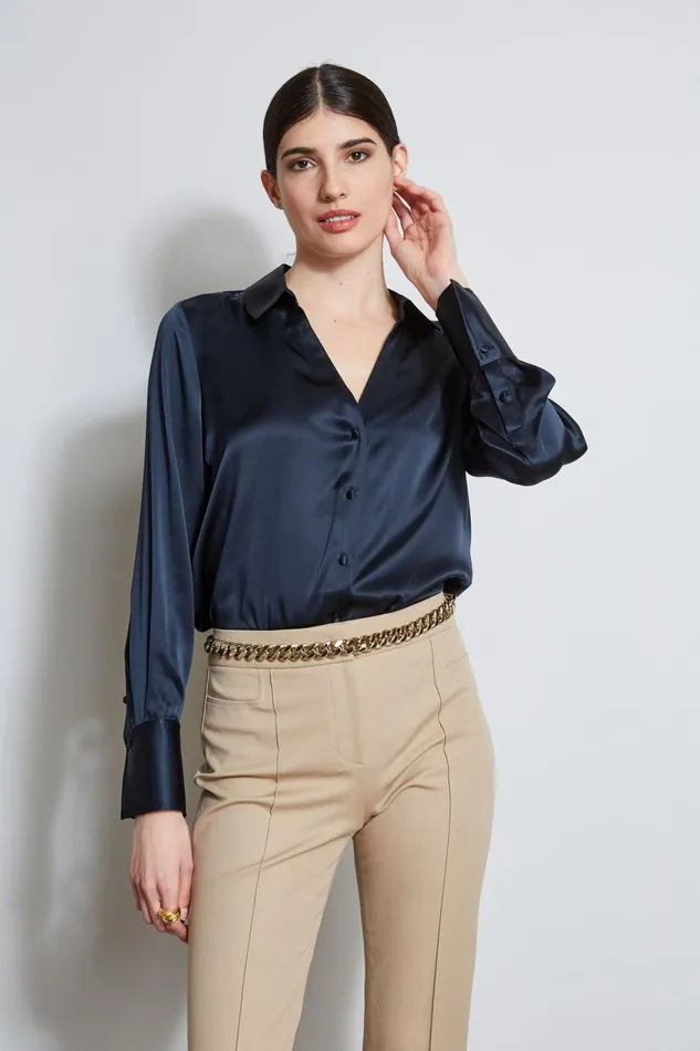 Women Tops and Sweaters Elie Tahari Silk Satin Button Down Shirt Stargazer