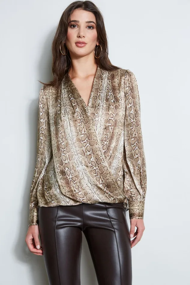 Women Tops and Sweaters Elie Tahari Silk Satin Python Draped Shirt Multi