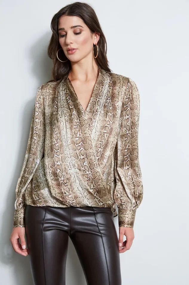 Women Tops and Sweaters Elie Tahari Silk Satin Python Draped Shirt Multi