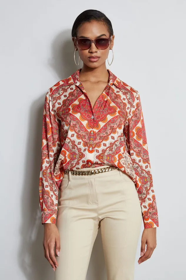 Women Tops and Sweaters Elie Tahari Silk Tile Print Button Down Shirt Royal Tile Print
