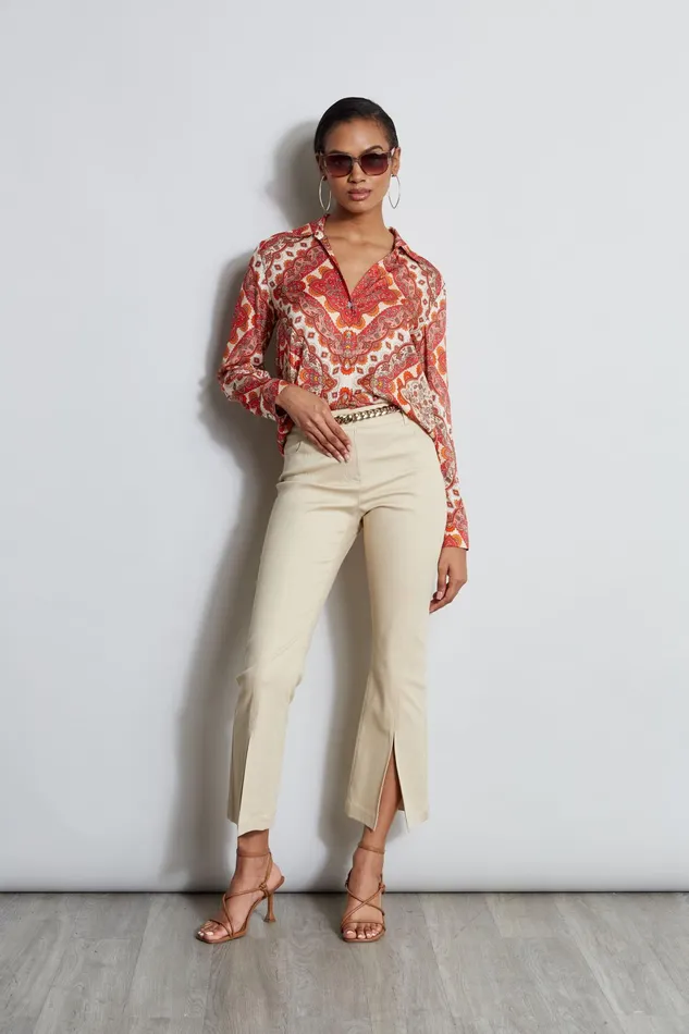 Women Tops and Sweaters Elie Tahari Silk Tile Print Button Down Shirt Royal Tile Print