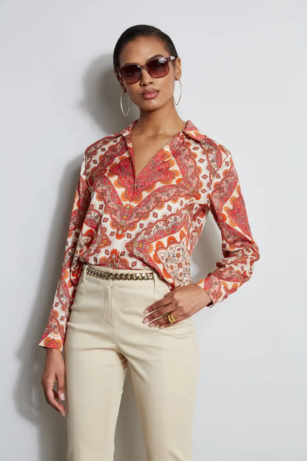 Women Tops and Sweaters Elie Tahari Silk Tile Print Button Down Shirt Royal Tile Print