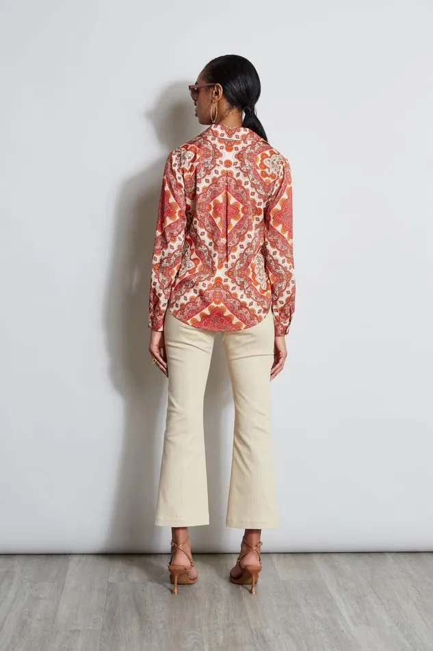 Women Tops and Sweaters Elie Tahari Silk Tile Print Button Down Shirt Royal Tile Print