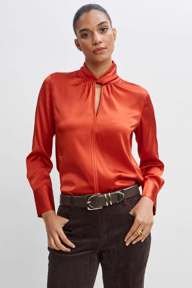 Women Tops and Sweaters Elie Tahari Silk Twist Neck Shirt Russet