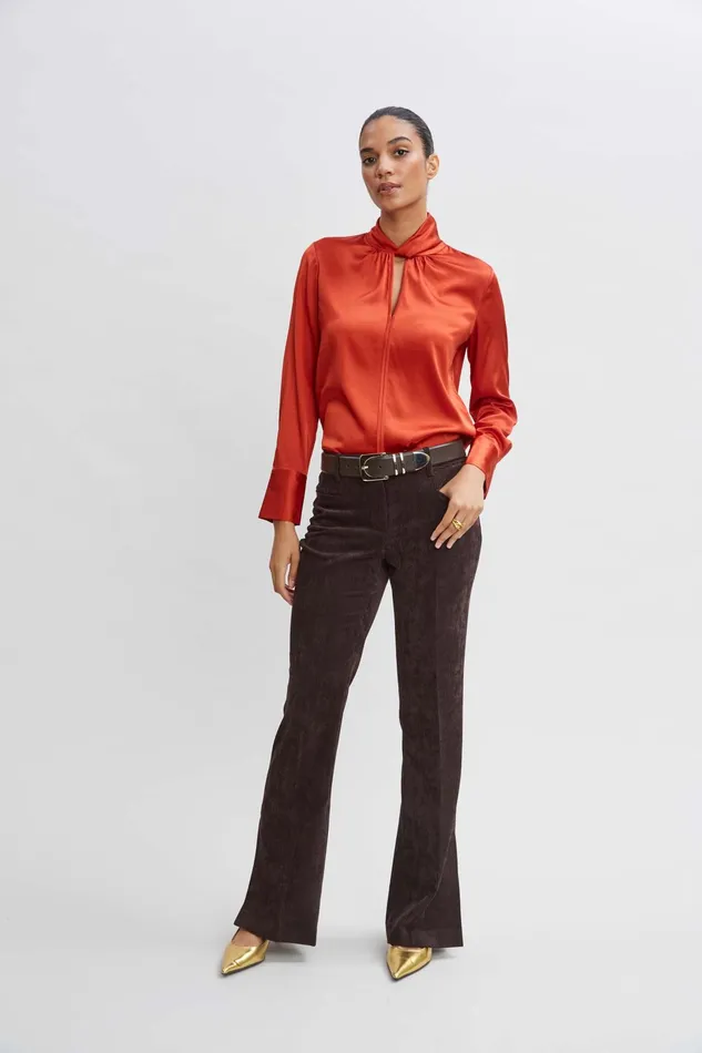 Women Tops and Sweaters Elie Tahari Silk Twist Neck Shirt Russet