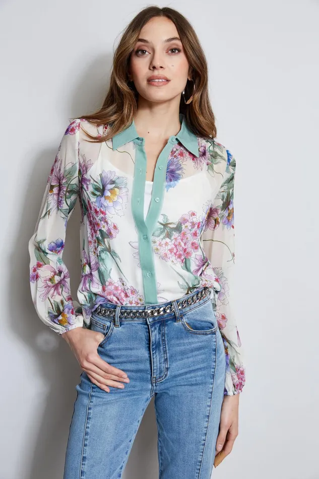 Women Tops and Sweaters Elie Tahari Silk Wind Floral Button Down Shirt Multi