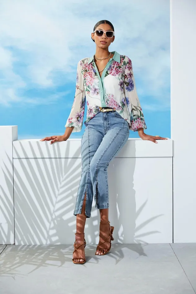 Women Tops and Sweaters Elie Tahari Silk Wind Floral Button Down Shirt Multi