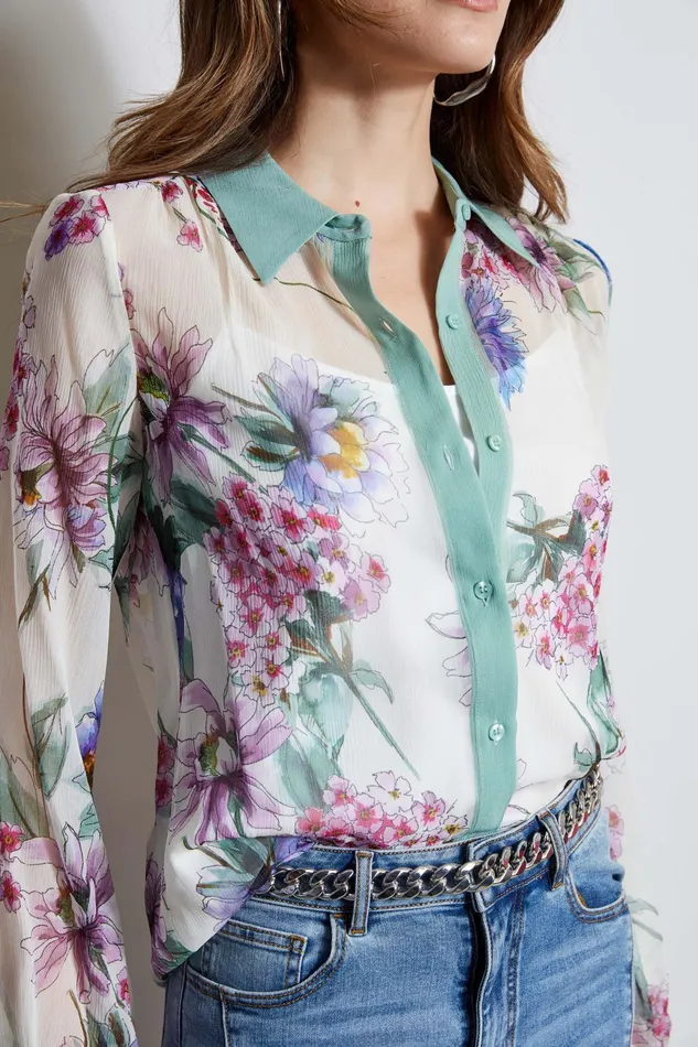 Women Tops and Sweaters Elie Tahari Silk Wind Floral Button Down Shirt Multi