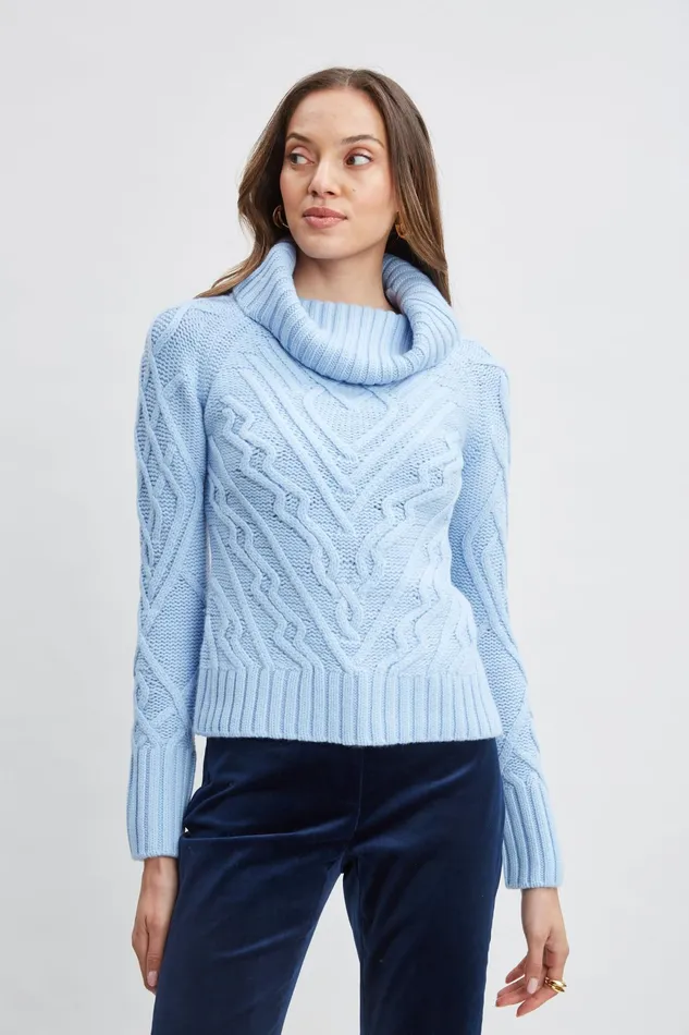 Women Tops and Sweaters Elie Tahari Texture Turtleneck Wool Sweater Blue Dusk