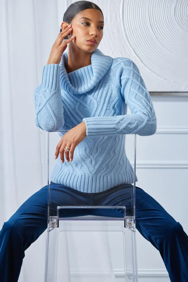 Women Tops and Sweaters Elie Tahari Texture Turtleneck Wool Sweater Blue Dusk
