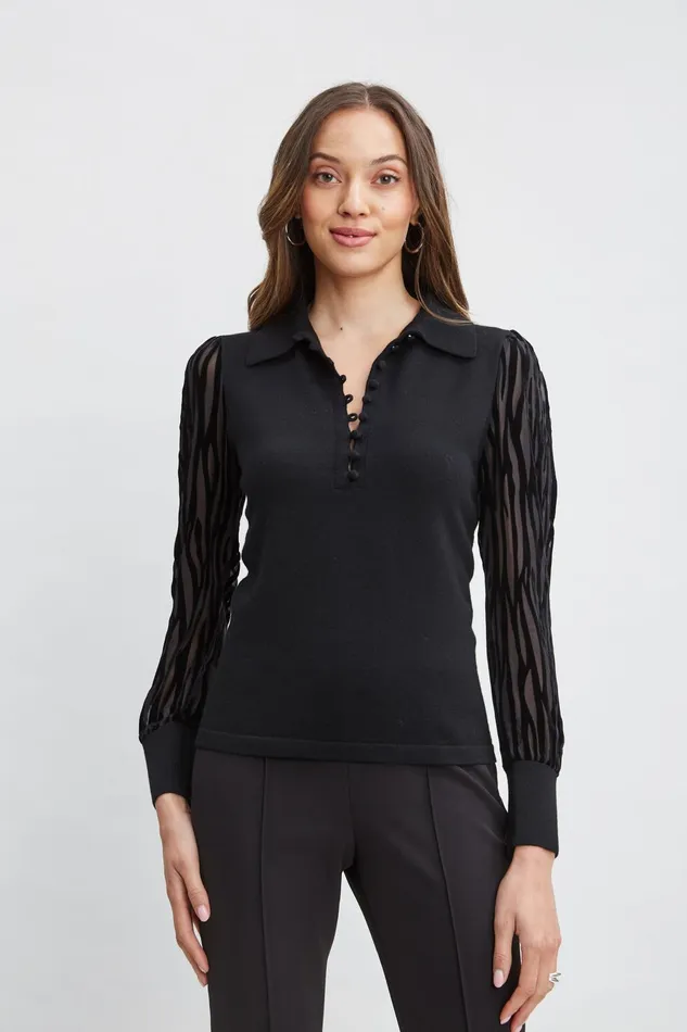 Women Tops and Sweaters Elie Tahari Velvet Burnout Sleeve Polo Sweater Black