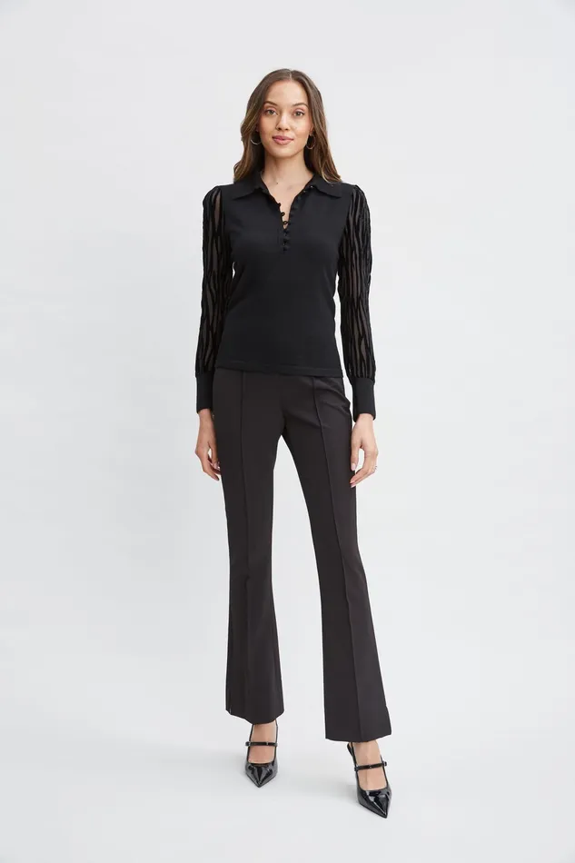 Women Tops and Sweaters Elie Tahari Velvet Burnout Sleeve Polo Sweater Black