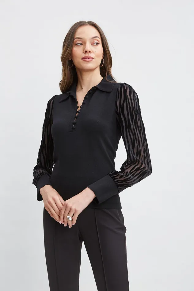Women Tops and Sweaters Elie Tahari Velvet Burnout Sleeve Polo Sweater Black