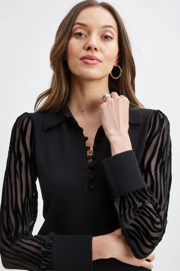 Women Tops and Sweaters Elie Tahari Velvet Burnout Sleeve Polo Sweater Black