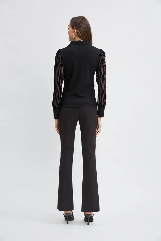 Women Tops and Sweaters Elie Tahari Velvet Burnout Sleeve Polo Sweater Black