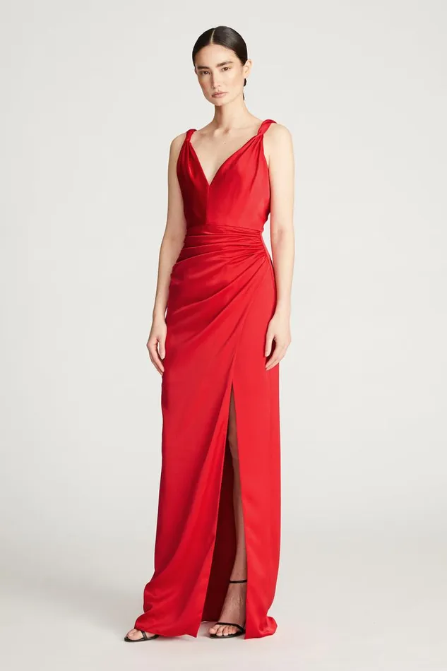 Yvette Gown In Satin Crimson Women Halston Gowns