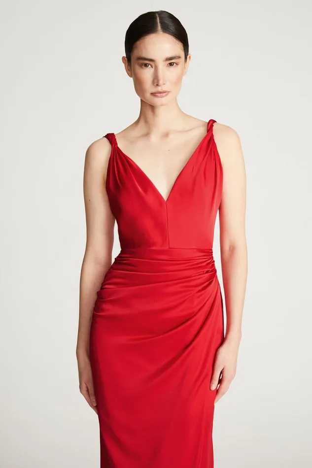 Yvette Gown In Satin Crimson Women Halston Gowns
