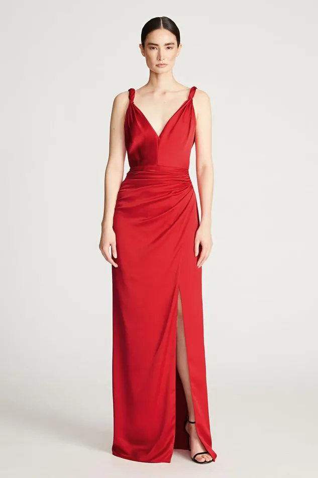 Yvette Gown In Satin Crimson Women Halston Gowns